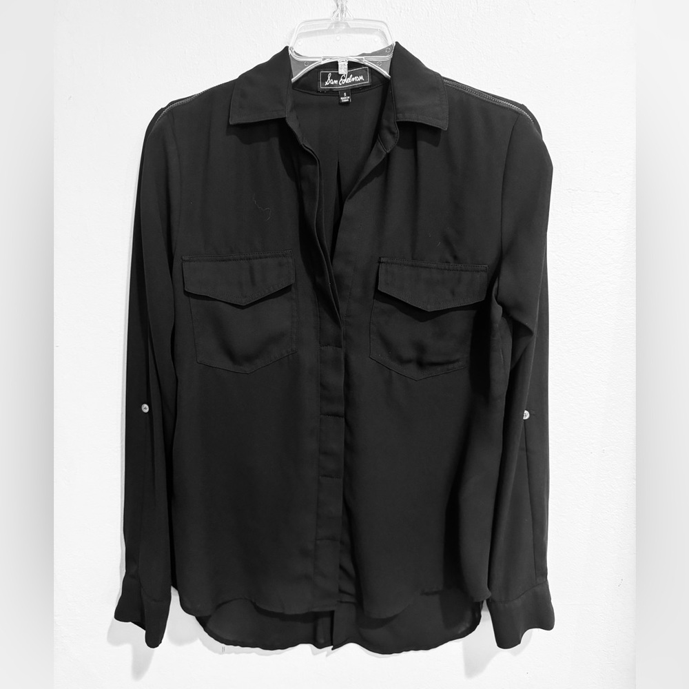 Sam Edelman Black Sheer Button-Up Blouse with Zipper Detail